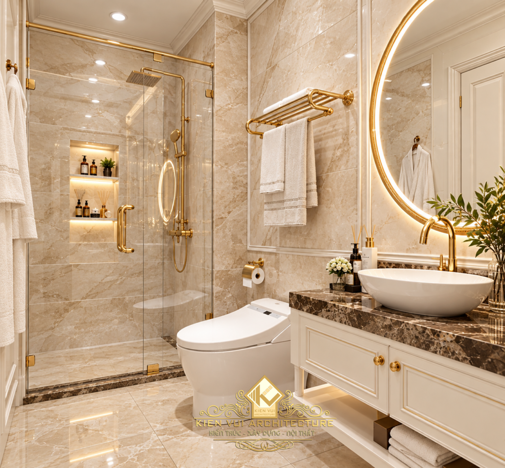 Khu tắm vách kính cạnh bồn cầu và tủ lavabo trong phòng tắm