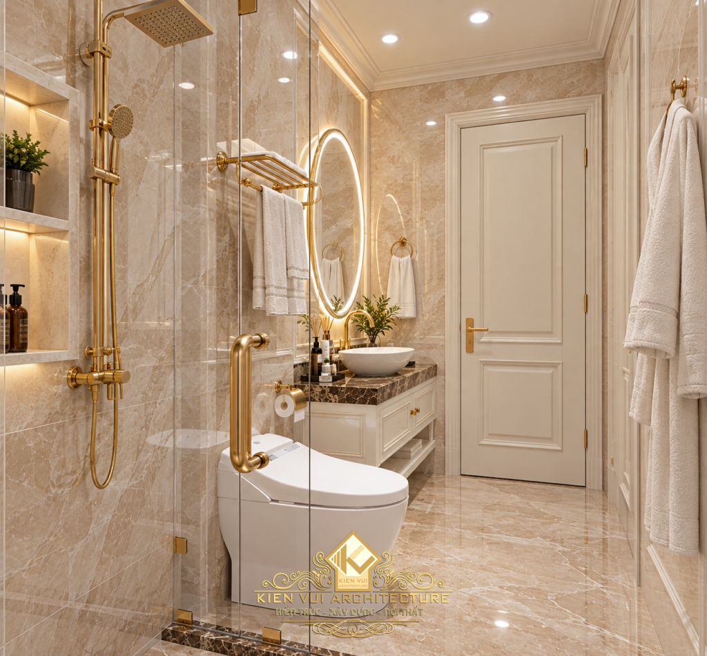 Góc phòng tắm nhìn về cửa với gương tròn và phụ kiện màu vàng đồng