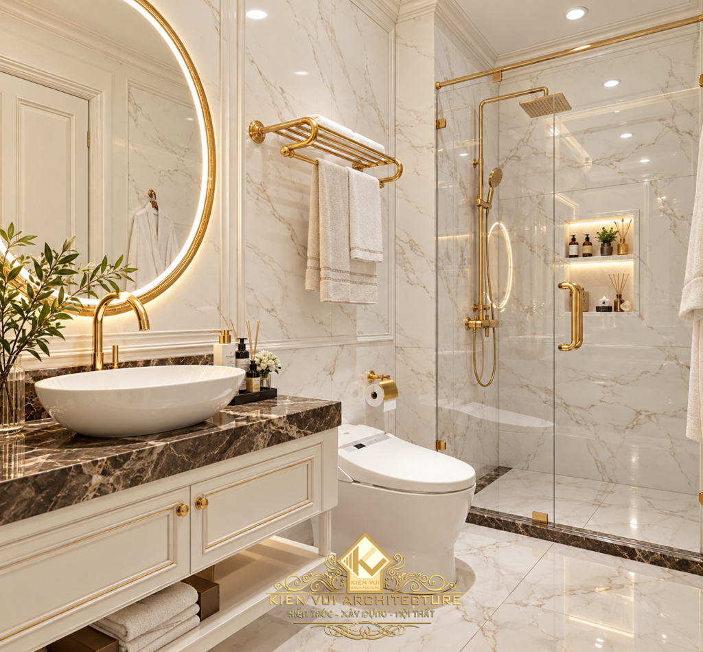 Lavabo mặt bàn vân đá tối cạnh khu tắm kính có sen màu vàng đồng